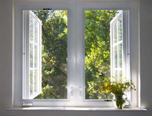 Two open casement windows with white frames and showing natural view.